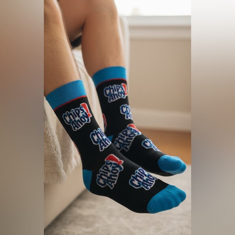 Chips Ahoy Logo mens crew Socks size 6-12 funny crazy black blue cookies…